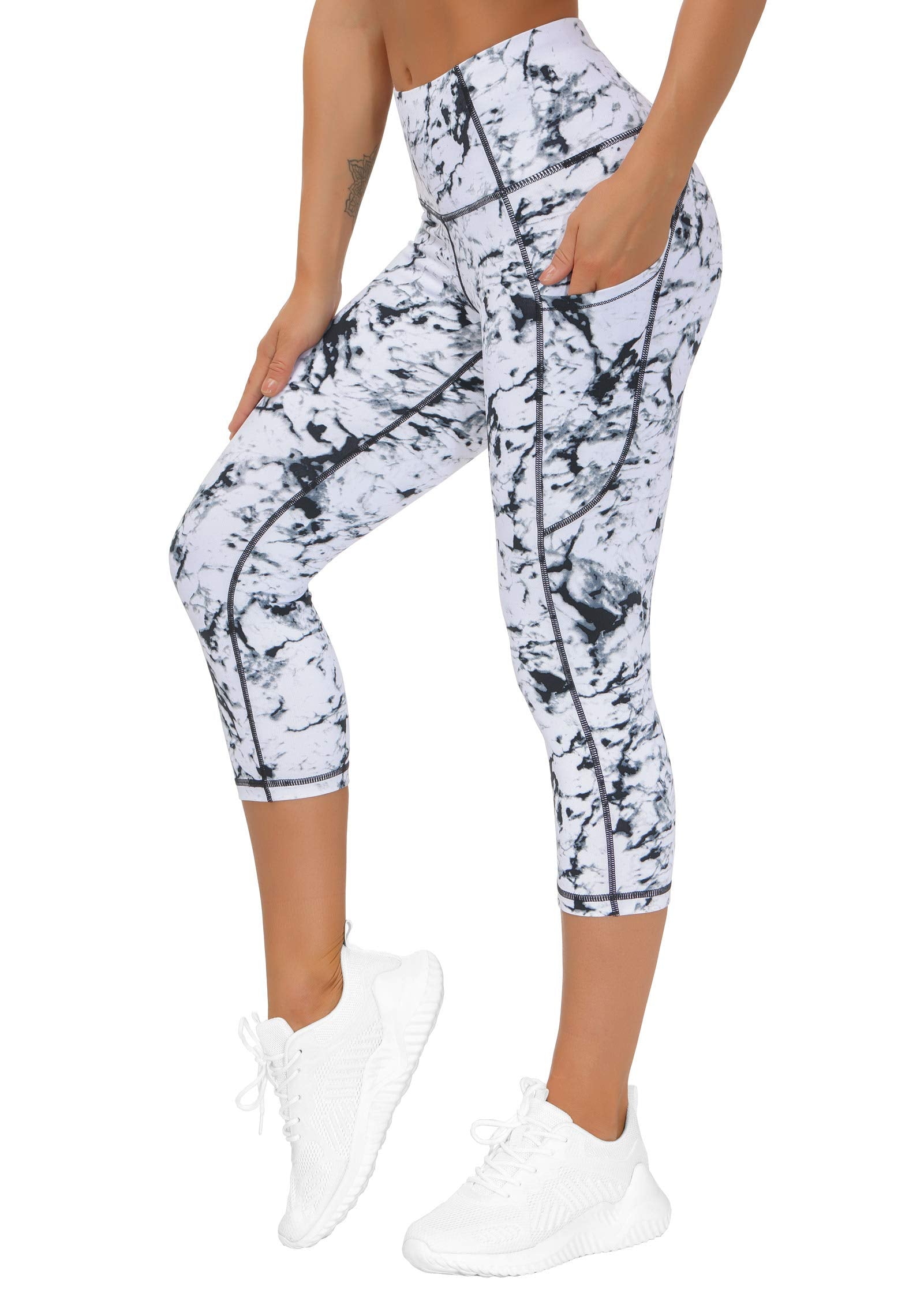 THE GYM PEOPLE Thick High Waist Yoga Pants with Pockets, Tummy Control Workout Running Yoga Leggings for Women (Small, Z- Capris Marble)